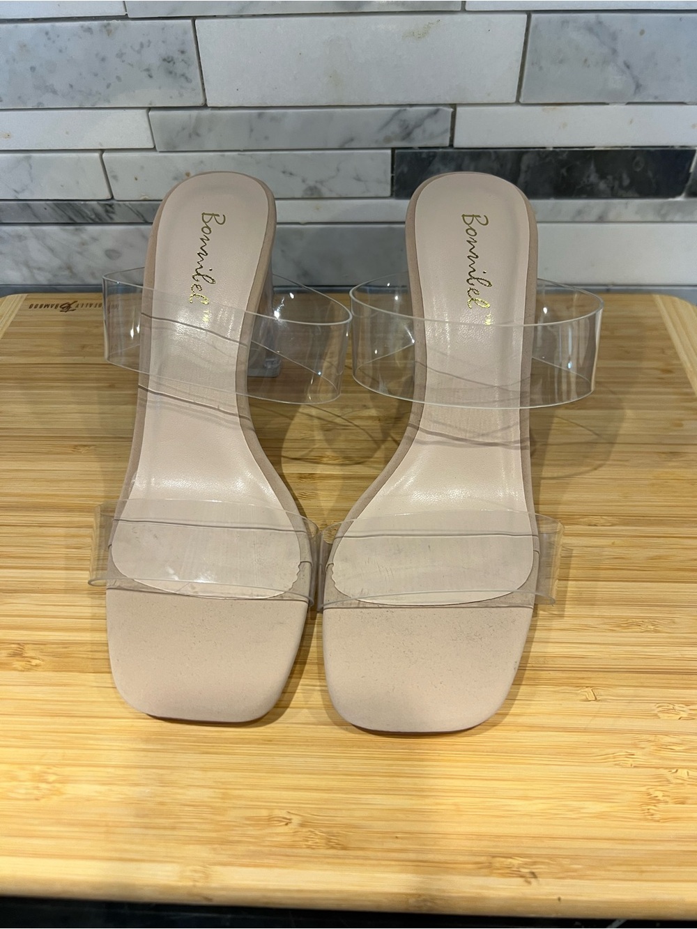 Bonnibel Clear-Strap Nude Block Heel Mules New without Box